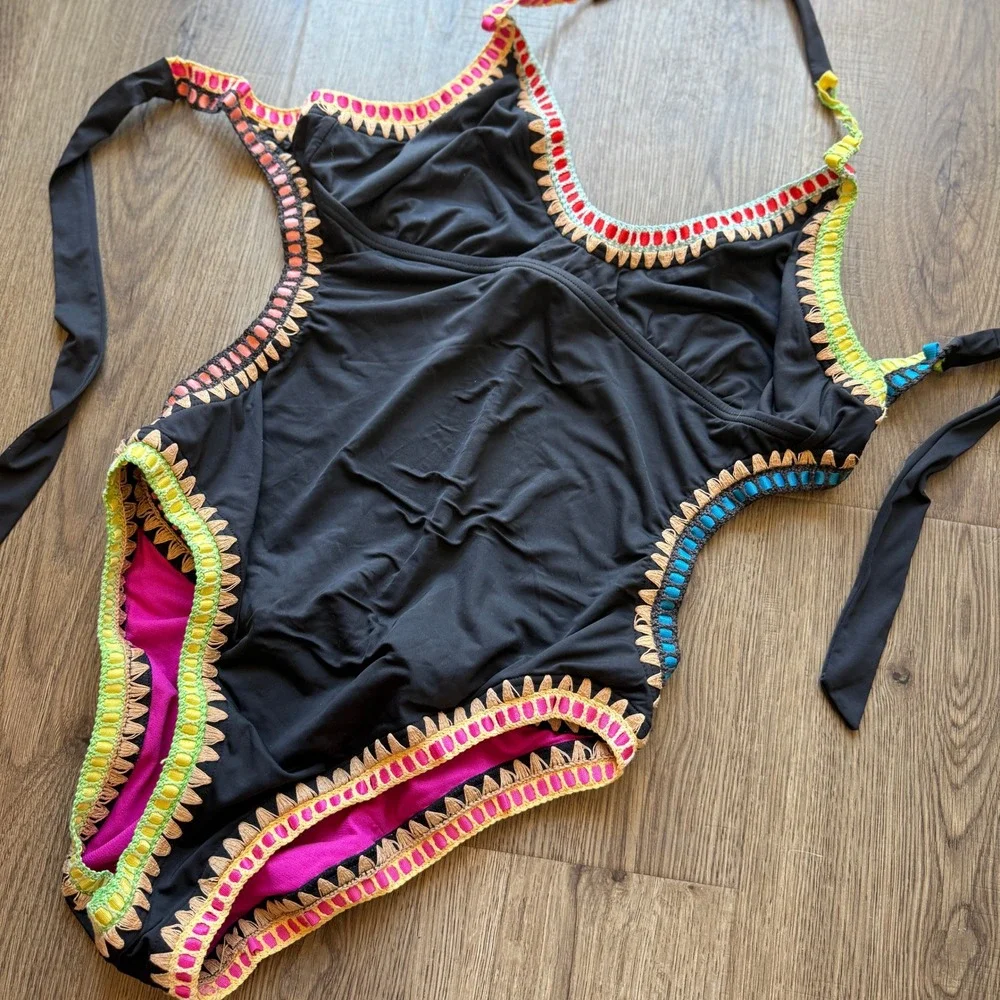 Bar III Womens Reversible One Piece Swimsuit Black Pink Crochet Trim L 8MBGG04M